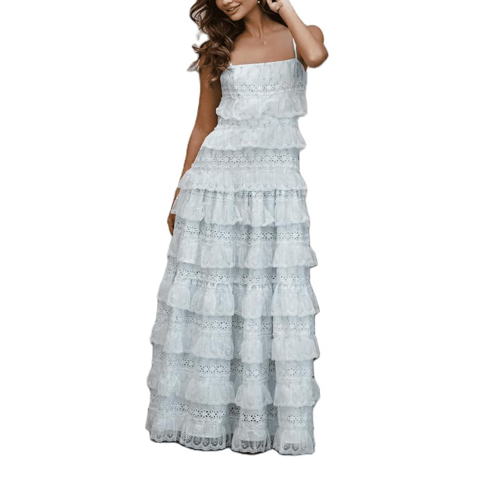 Women Y2k Boho Maxi Dress Floral Lace Sheer Tiered Flowy Cami Long Dress 2025 Summer Smocked Beac... | Amazon (US)