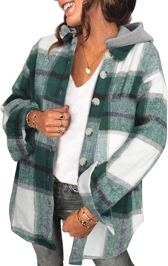 SHEWIN Womens Long Sleeve Button Down Plaid Shirts Flannel Hooded Shacket Jacket Hoodie Coats | Amazon (US)
