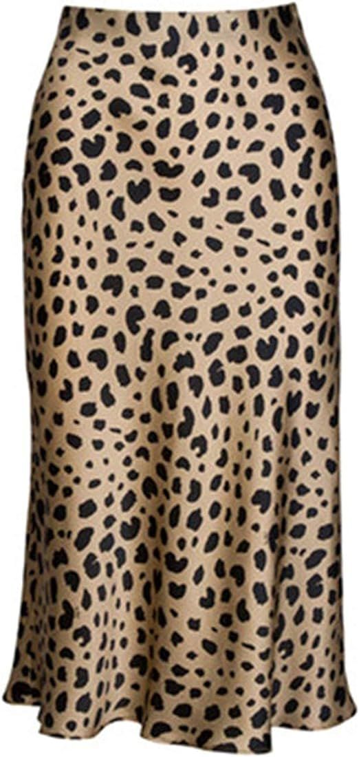 Womens Leopard Print Skirt Midi Long Length Silk Satin High Waist Elastic Skirts | Amazon (US)