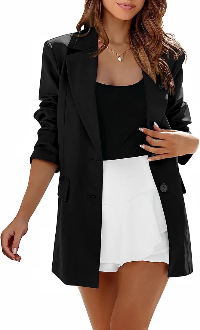 MASCOMODA Casual Blazer Jacket for Women 2023 Fall Long Sleeve Open Front Button Work Office Suit... | Amazon (US)