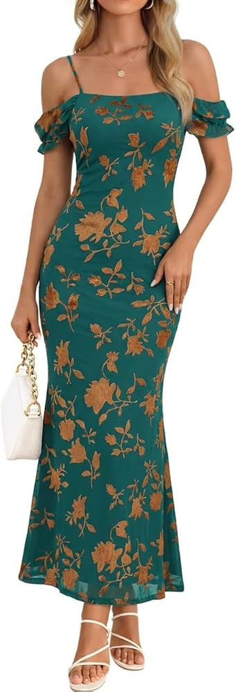 MEROKEETY Women's 2026 Summer Off The Shoulder Spaghetti Strap Floral Mesh Wedding Guest Cocktail... | Amazon (US)