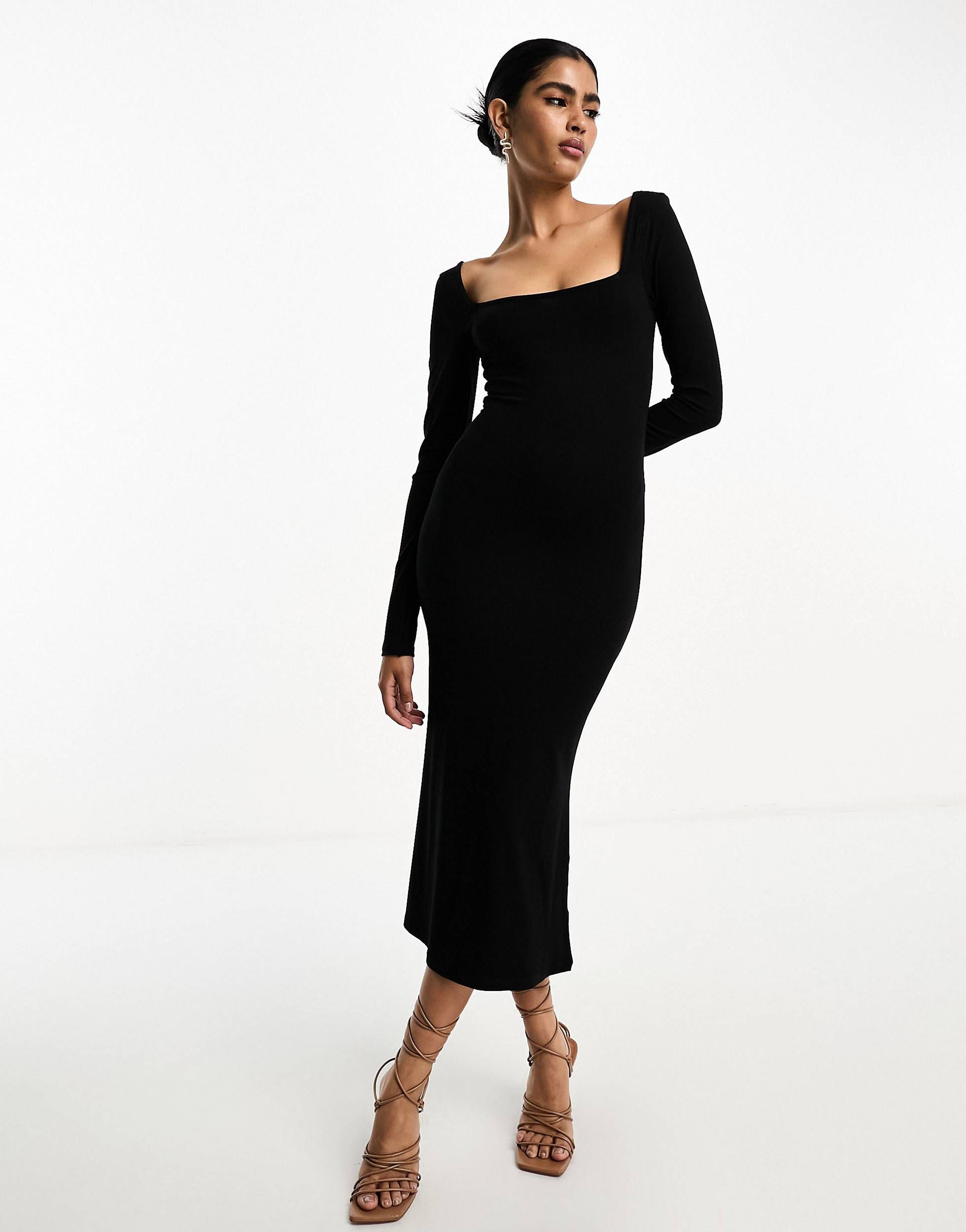 ASOS DESIGN square neck softline long sleeve midi dress in black | ASOS (Global)