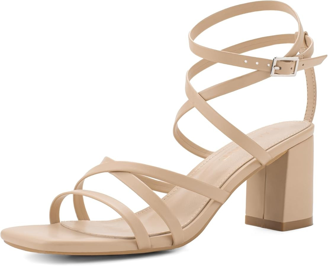 LACUONE Women's Mid Heels Square Toe Chunky Block Heeled Strappy Ankle Buckle Pump Sandals | Amazon (US)