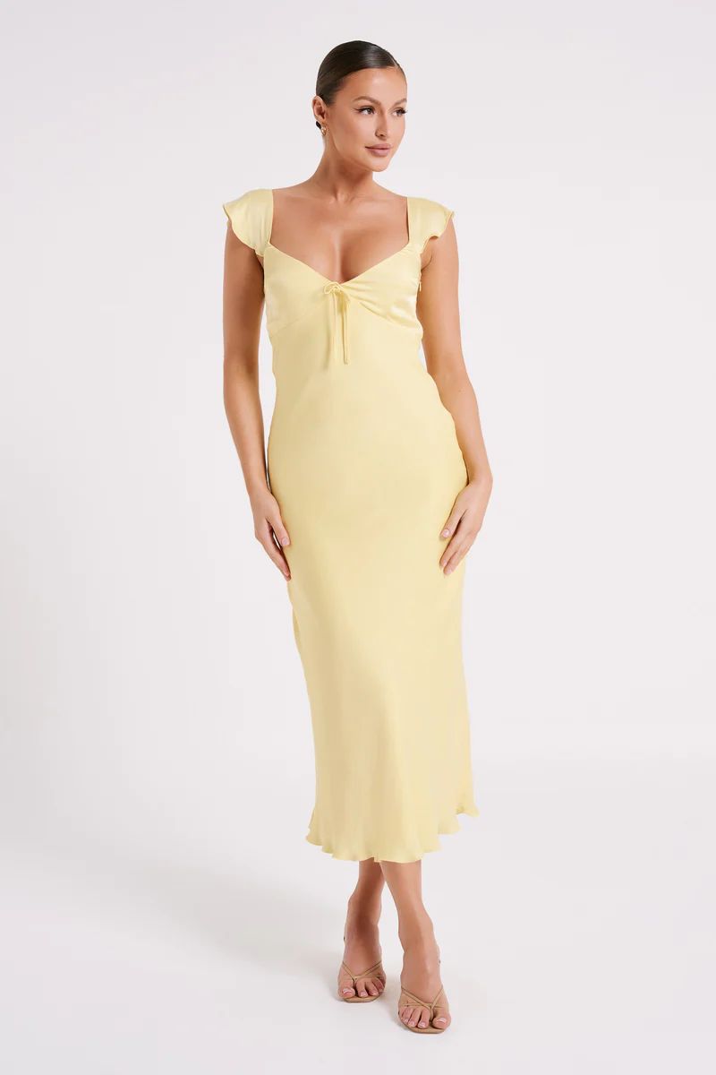 Chantal Short Sleeve Satin Midi Dress - Yellow | MESHKI US