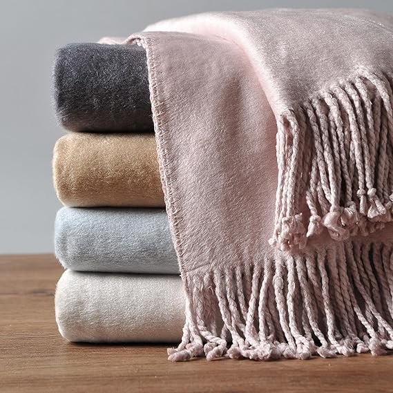 Fringed Mulberry Silk Throw Blanket for Sofa (Cameo Pink) | Amazon (US)