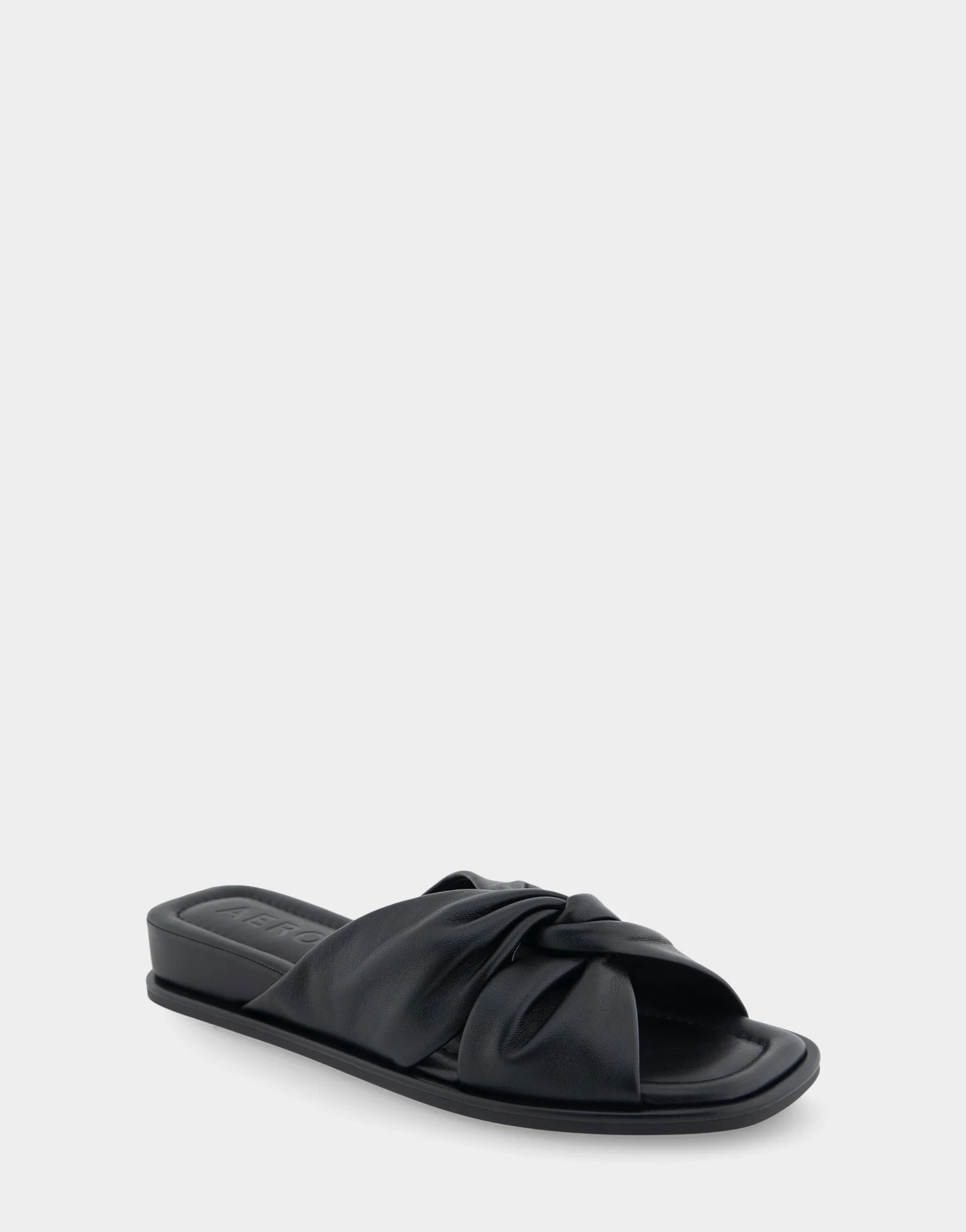Women's Knotted Mini Wedge Slide Sandal in Black Leather | Aerosoles