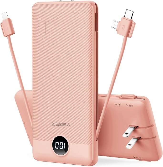 VEGER Portable Charger Power Bank with Built-in AC Plug and Cables, All in One 10000mAh Ultra Sli... | Amazon (US)