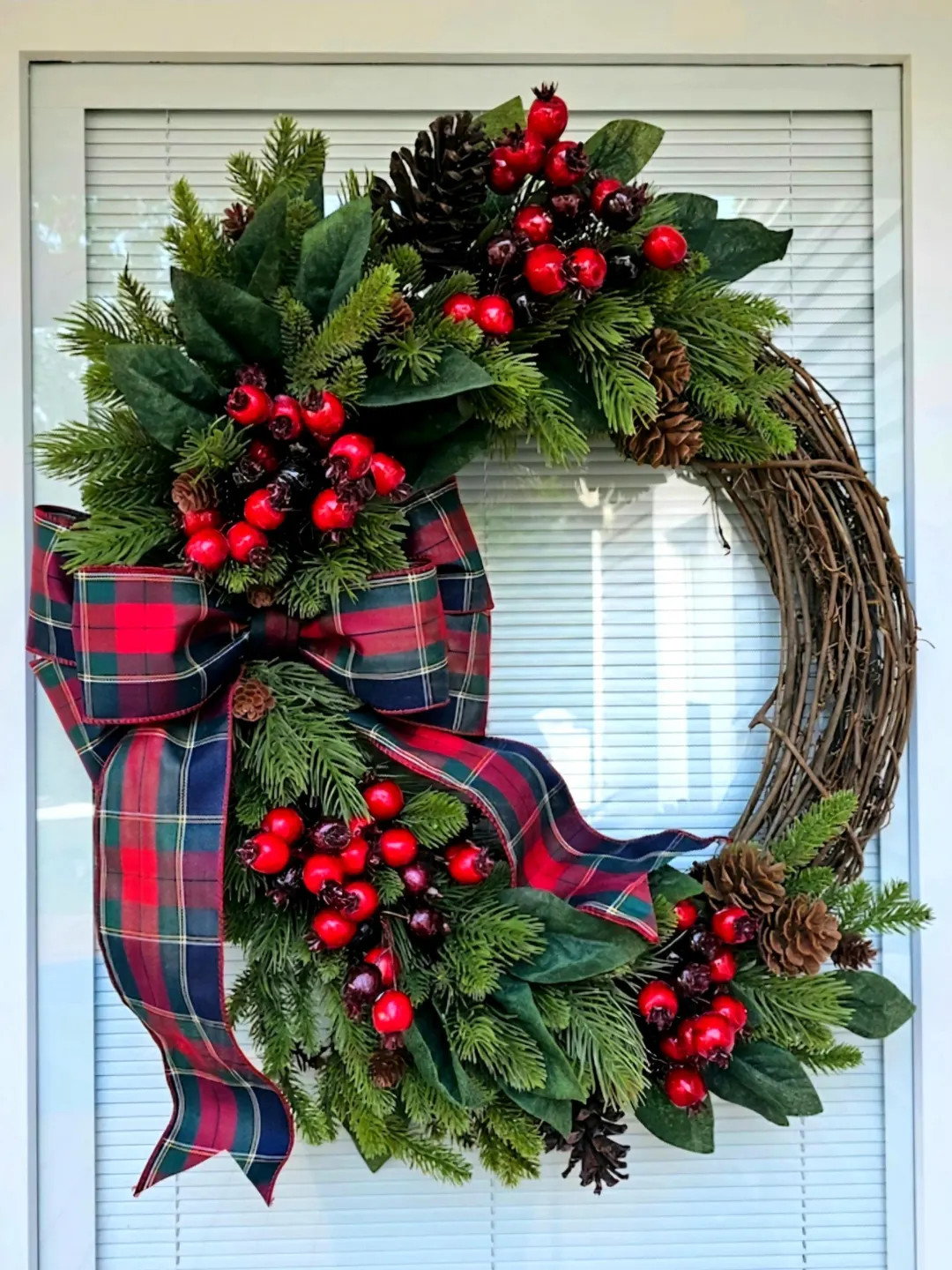 Traditional Christmas Wreath for Front Door With Red Berrys, Plaid Bow, Pinecones, Evergreens, Ru... | Etsy (US)