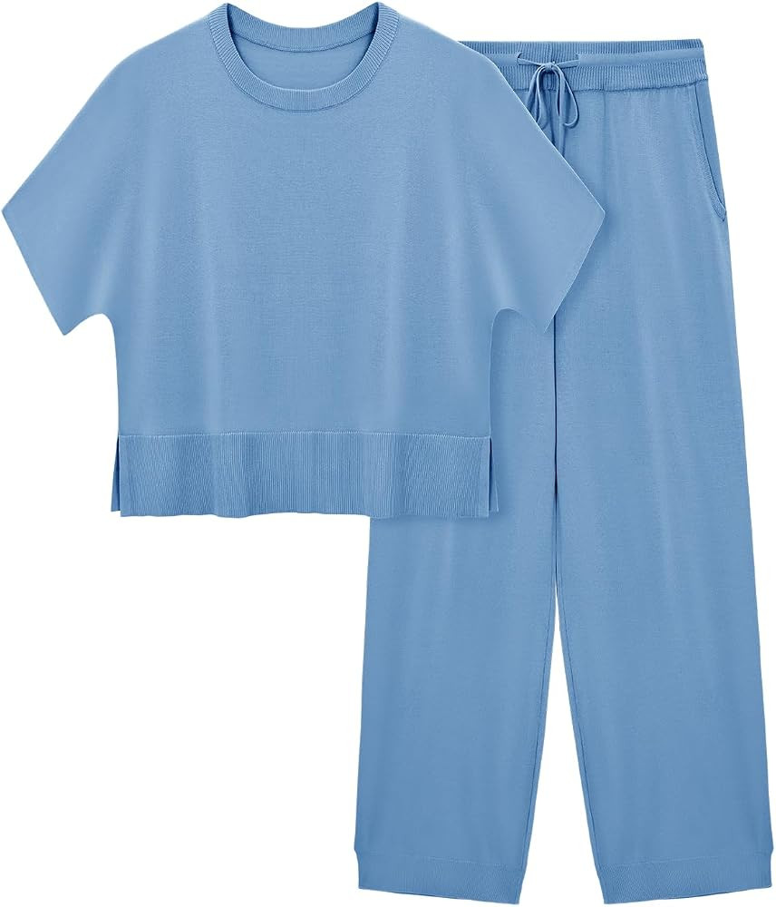 Fisoew Womens 2 Piece Outfits Sweater Sets Knit Split Crop Tops High Waisted Pants Lounge Set | Amazon (US)
