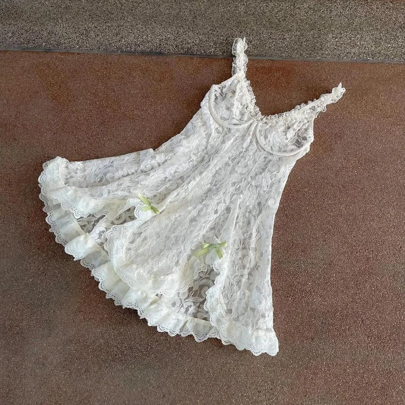 Vintage White Lace Sheer Mini Dress M-L - Etsy | Etsy (US)