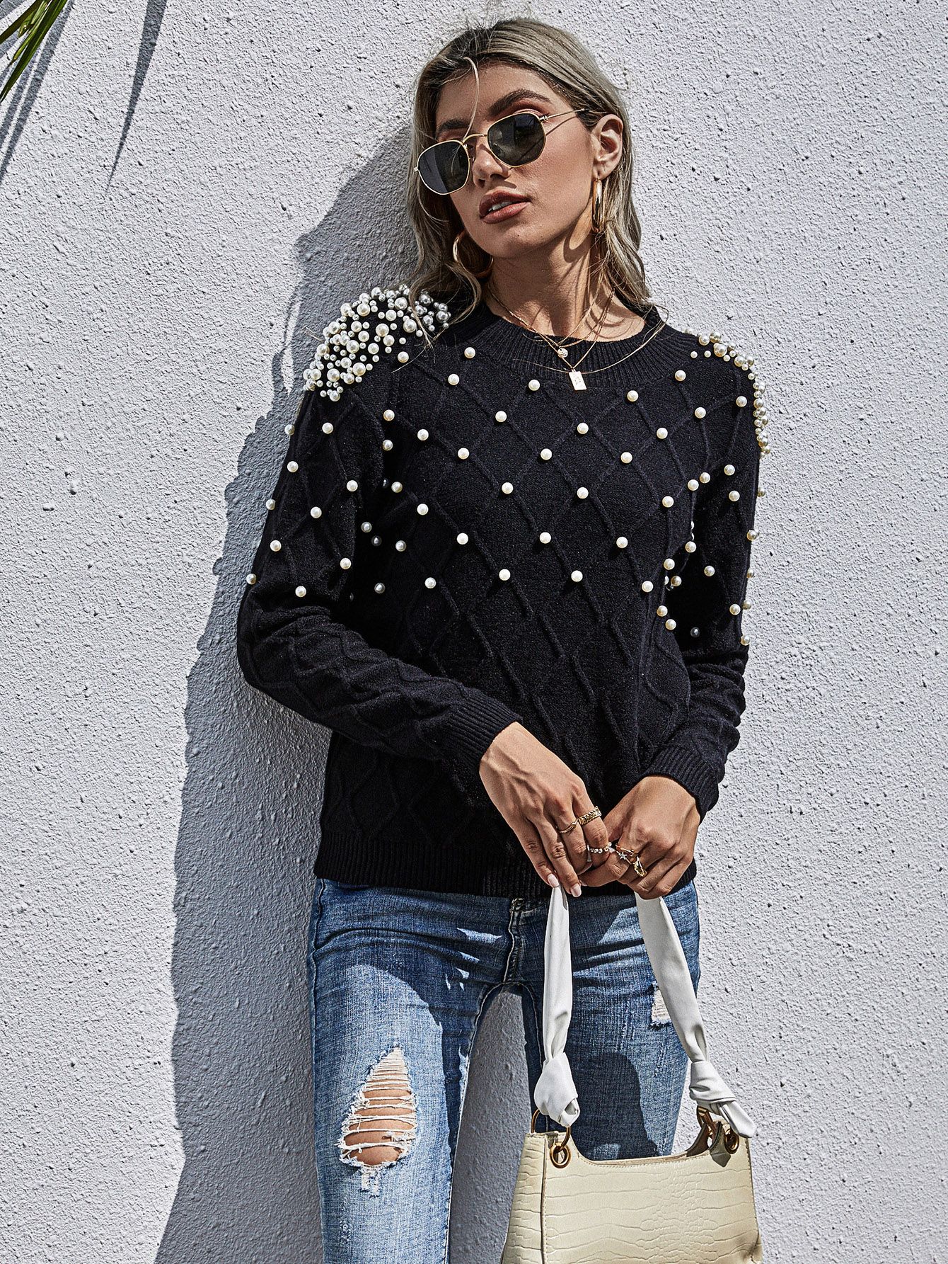 Drop Shoulder Pearls Sweater | SHEIN