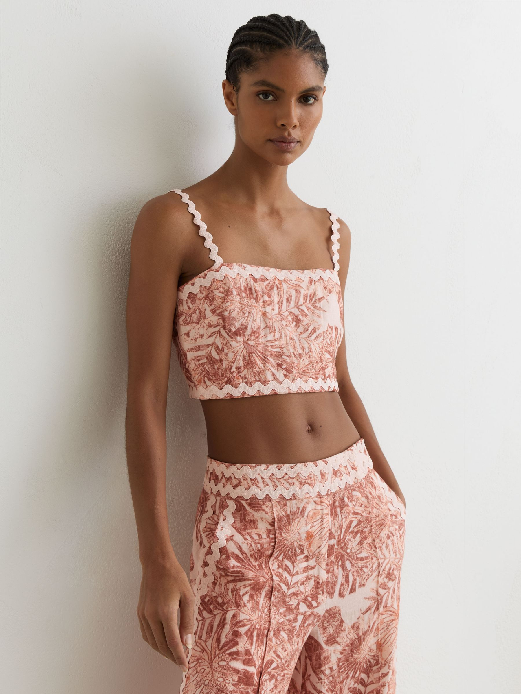 Reiss Linen Wave-Trim Printed Cami Top in Pale Pink - REISS | Reiss UK
