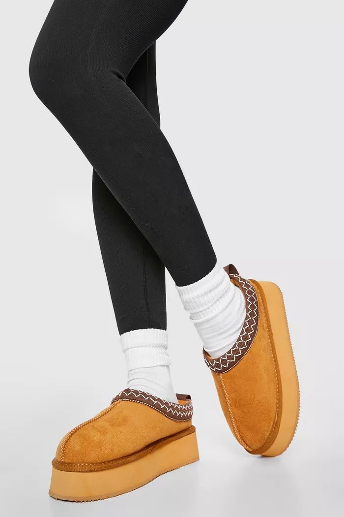 Embroidered Detailing Platform Slip On Cozy Mules | boohoo (US & Canada)