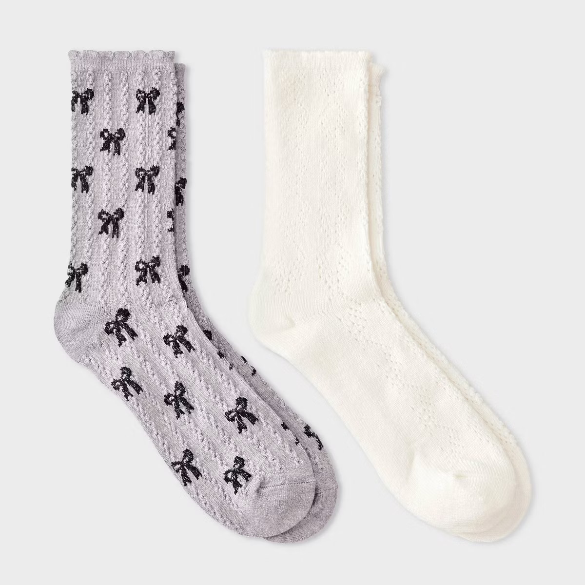 Women's Scallop Edge All-Over Bows and Pointelle 2pk Crew Socks - Auden™ Heather Gray/Black/Ivo... | Target