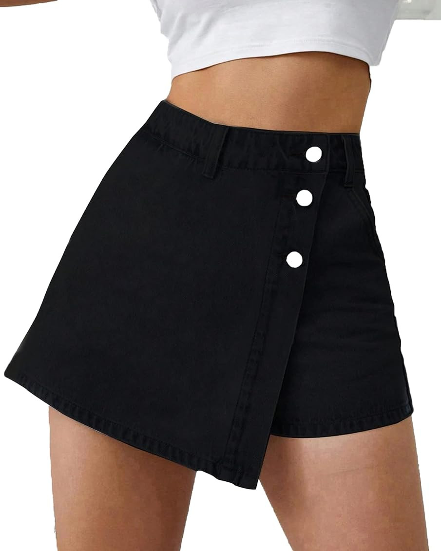 Denim Shorts Women Casual High Waisted Solid Button Up Asymmetrical Denim Jean Skort Skirt Mini S... | Amazon (US)