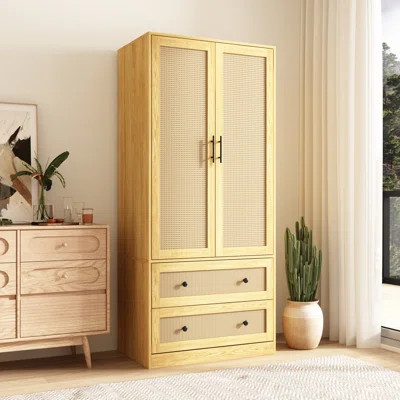 Natural Rattan 2-Door Wardrobe With 2 Drawers, MDF Frame, Hanging Rod And Ample Storage | Wayfair North America