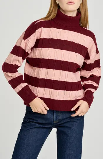 WAYF Sally Cable Knit Turtleneck Sweater in Pink Stripe at Nordstrom Rack, Size Large | Nordstrom Rack