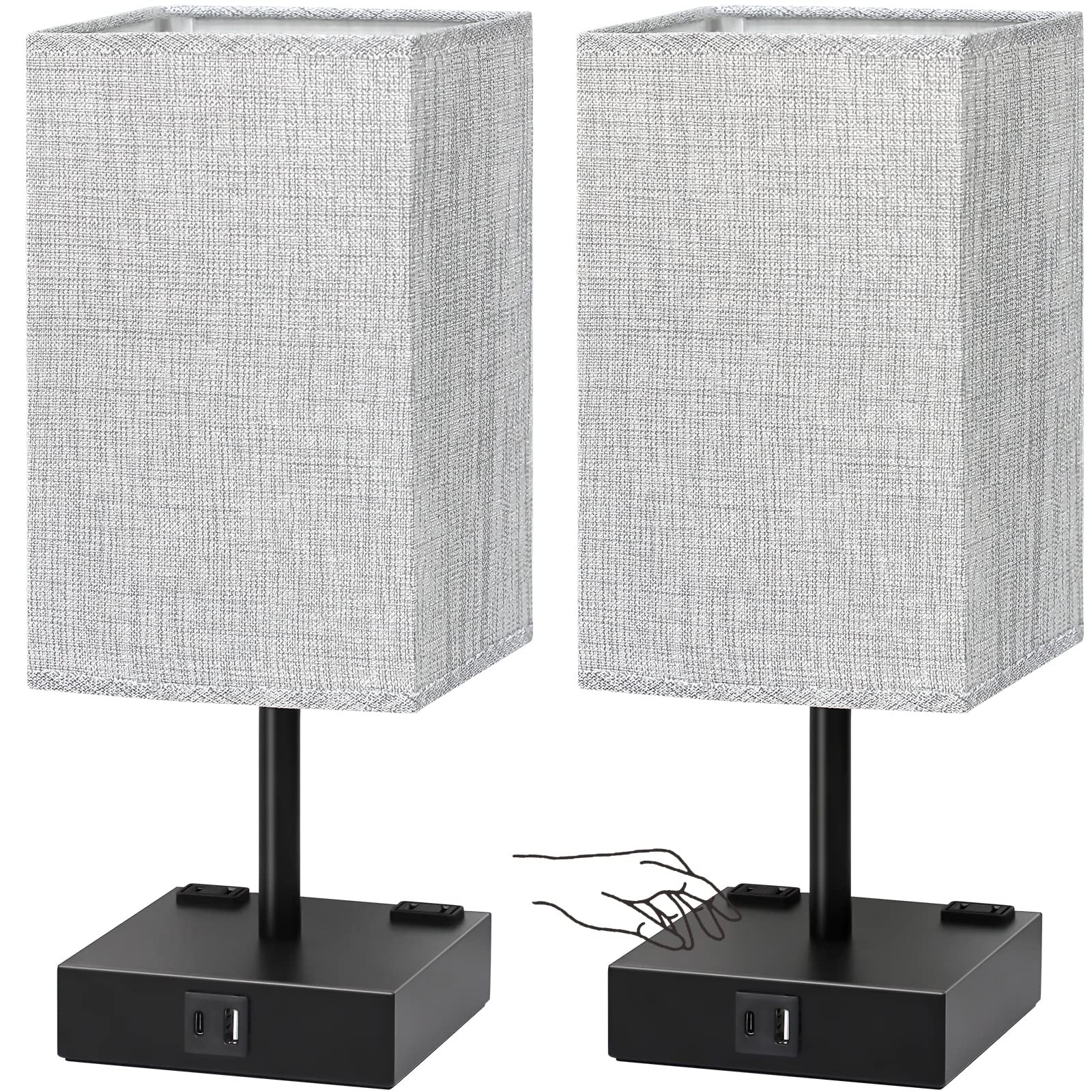 Bedside Table Lamps Set of 2 - Touch Nightstand Lamp for Bedroom with USB C+A Charging Ports & AC... | Amazon (US)