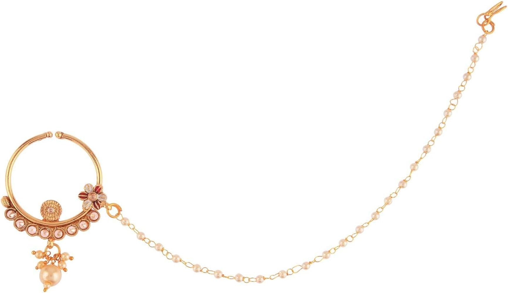 Efulgenz Indian Jewelry Kundan Crystal Nose Ring Hoop Pin Stud Fake Septum Ring with Chain Nose t... | Amazon (US)