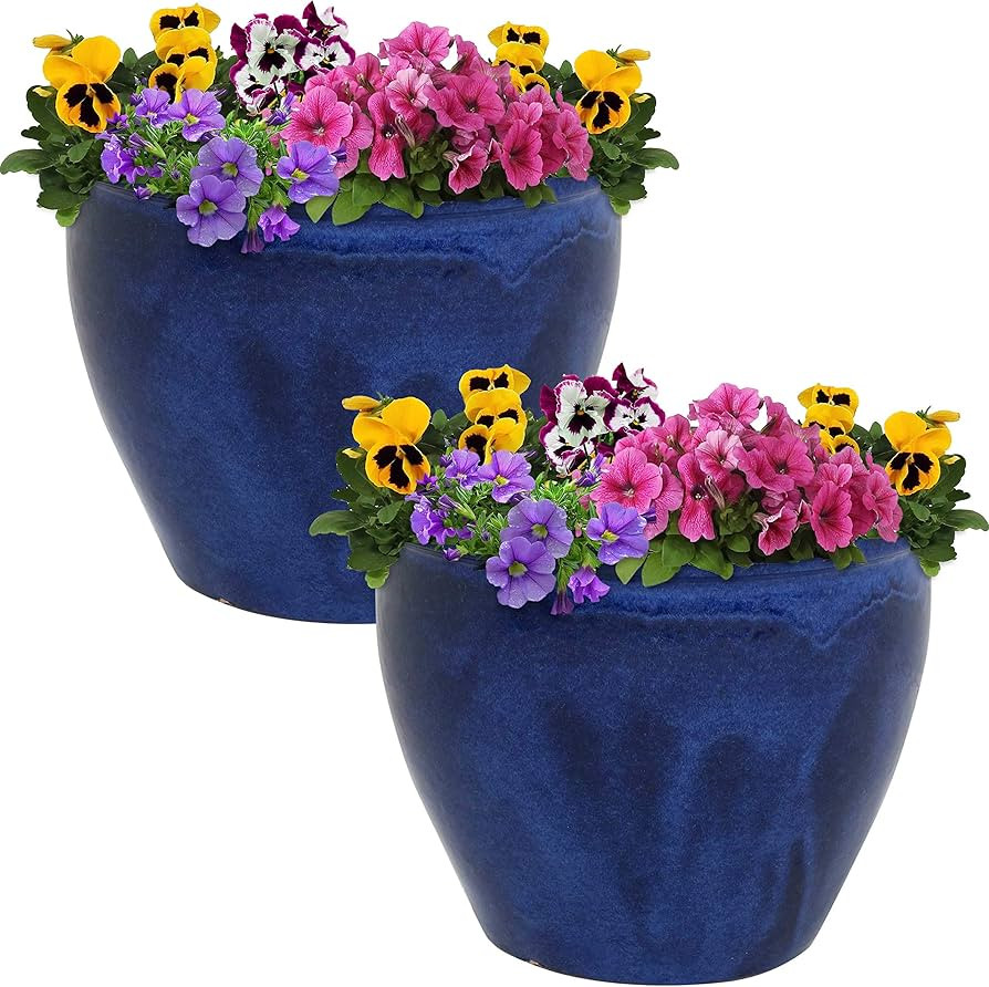 Sunnydaze Chalet Ceramic Flower Pot Planter with Drainage Holes - Set of 2 - High-Fired Glazed UV... | Amazon (US)