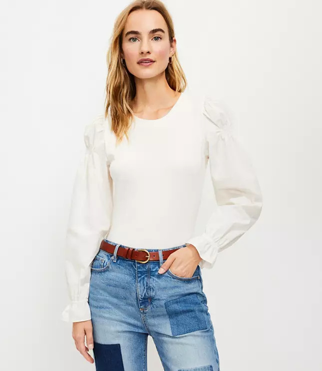 Petite Ruffle Cuff Mixed Media Blouse | LOFT