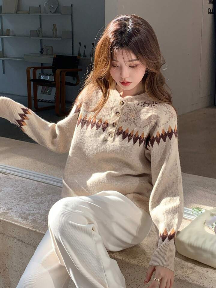 DAZY Geo Pattern Half Button Raglan Sleeve Sweater | SHEIN USA | SHEIN