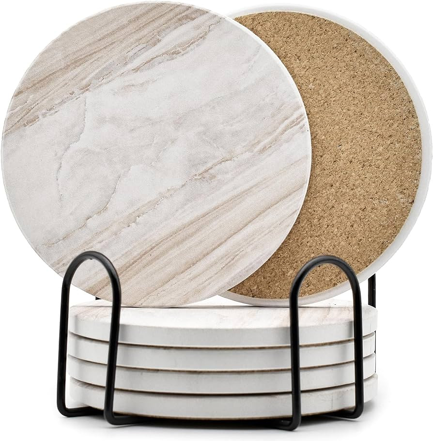 6Pcs Drink Coasters with Holder, Marble Style Ceramic Drink Coaster, Absorbent Coasters Set Suita... | Amazon (US)