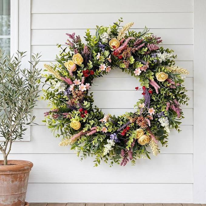 Lush Eucalyptus Wreath for Front Door - 24" Colorful Floral Wreath with 10+ Mixed Foliage & Bloom... | Amazon (US)