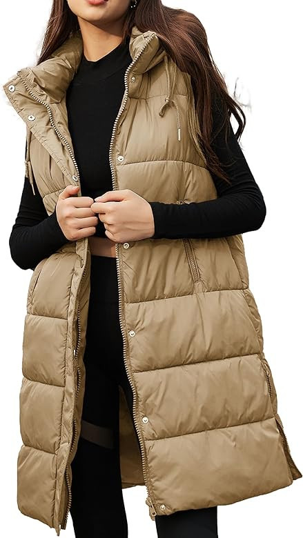 PUWEI Long Puffer Vest Women Quilted Hooded Vest Padded Sleeveless Coat Jackets With Pockets | Amazon (US)