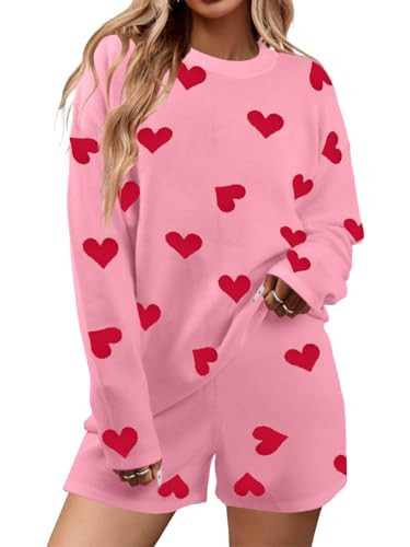 MYHALF Valentine's Day Sweater Sets Heart Sweater for Women Long Sleeve Knit Sweater and Shorts 2 Piece Outfits Pink | Amazon (US)