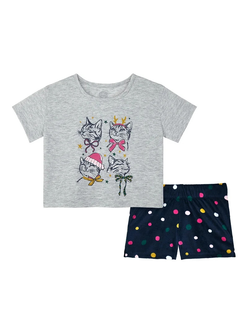 Wonder Nation Girls Short Sleeve Top and Shorts Pajama Set, 2-Piece, Sizes 4-18 & Plus | Walmart (US)