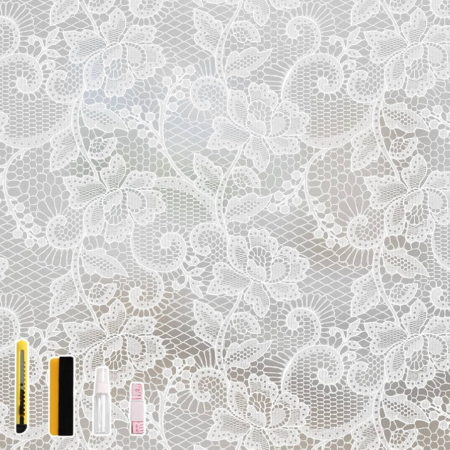 NINETREX Frosted Window Privacy Film, White Lace Stained Glass Window Film, Static Cling Removabl... | Amazon (US)