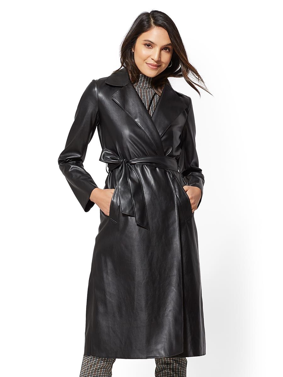 NY & Co Women's Black Faux-Leather Trench Coat Size Medium | New York & Company