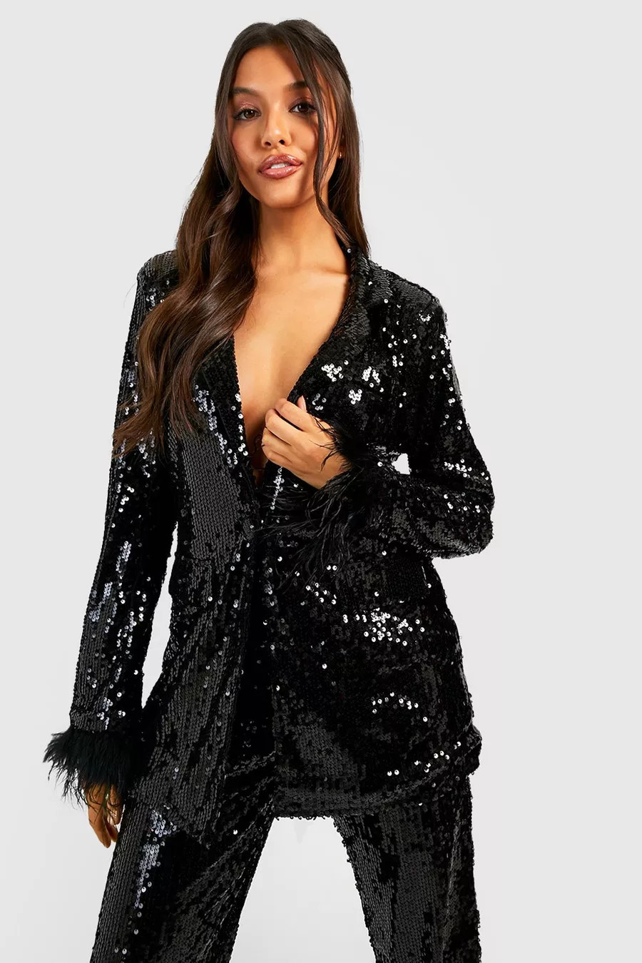Sequin Feather Trim Tailored Blazer | Boohoo.com (US & CA)