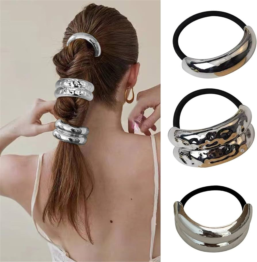 papasgix 3 PCS Metal Hair Tie, Ponytail Hair Cuff, Gold Hair Cuff, Gold Ponytail Cuff Silver Meta... | Amazon (US)