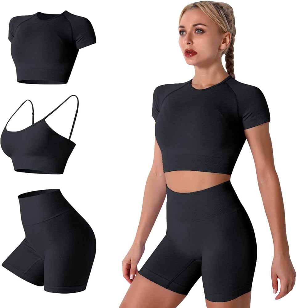 IWEMEK Women Seamless Yoga Outfits 2 Piece Workout Short Sleeve Crop Top with High Waisted Runnin... | Amazon (US)