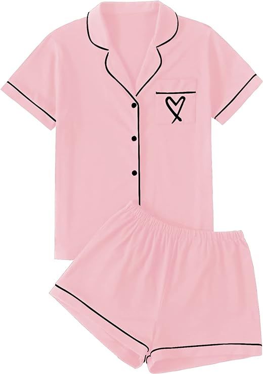 LYANER Women's Pajamas Set Heart Print Button Short Sleeve Shirt with Shorts Sleepwear PJs Set | Amazon (US)
