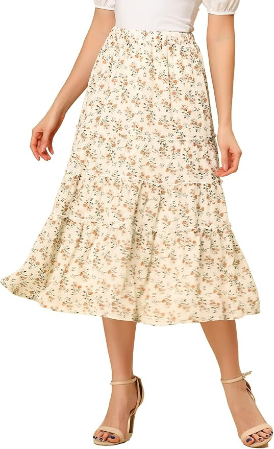 Allegra K Women's Floral Long Skirts Elastic Waist Tiered Ruffle Boho Midi Skirt | Amazon (US)