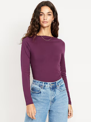 Long-Sleeve Slit-Neck Ruched Top | Old Navy (US)