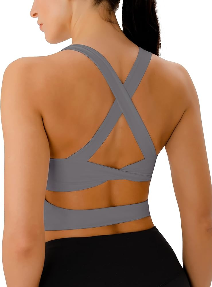 Sports Bras for Women Criss-Cross Back Padded Workout Tank Tops Medium Support Crop Tops for Women | Amazon (US)