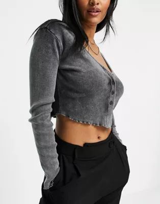 ASOS DESIGN Hourglass button cardigan with split front in washed charcoal | ASOS (Global)