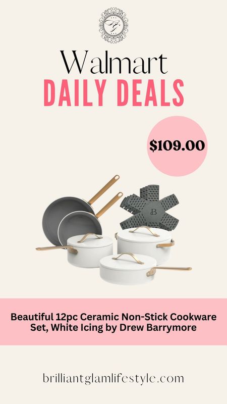 Walmart Daily Deals - Beautiful 12pc Ceramic Non-Stick Cookware Set, White Icing by Drew Barrymore #Walmart #WalmartDeals #Deals #Kitchen #Home 

#LTKU #LTKsalealert #LTKhome