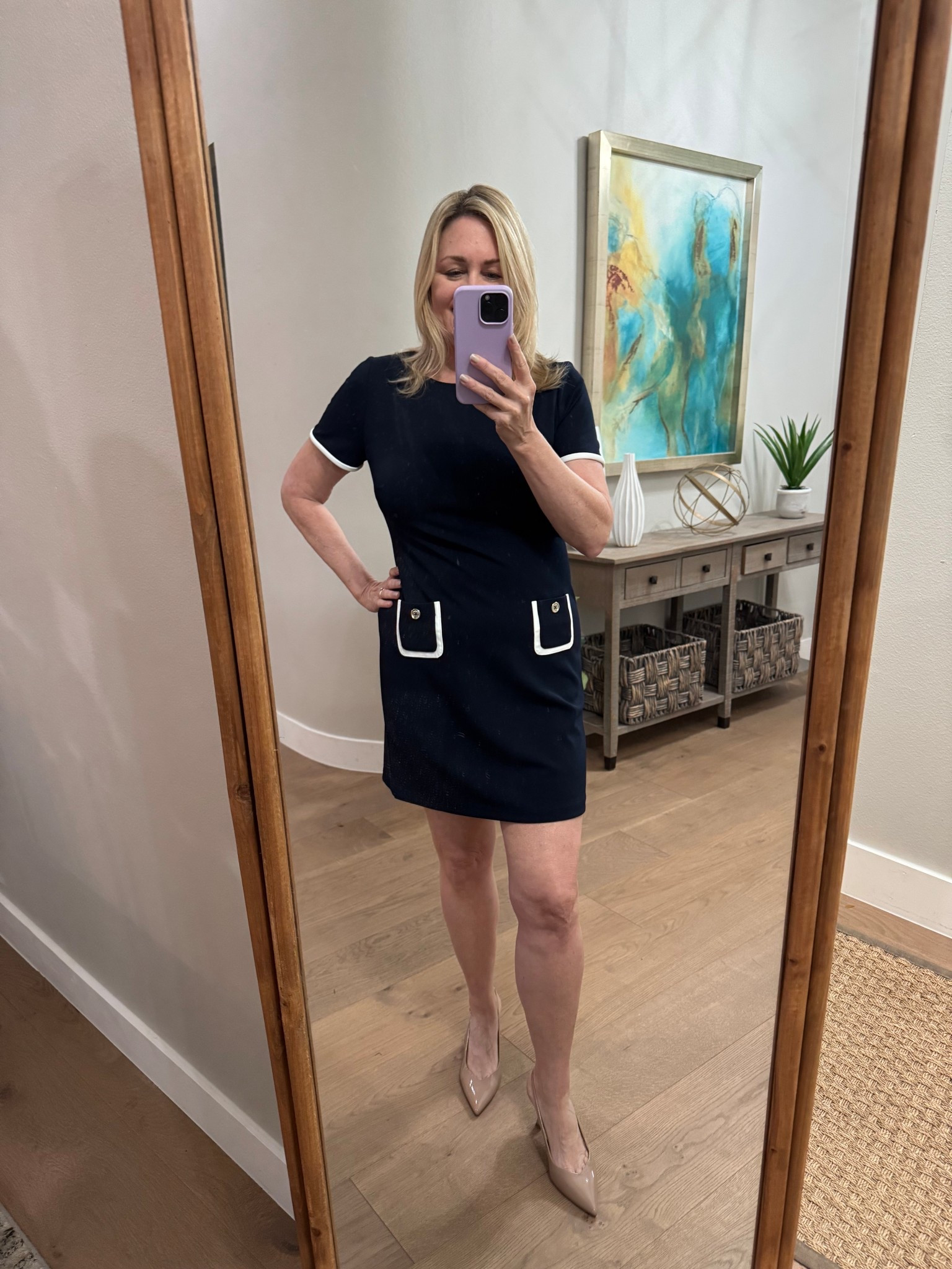 Cute work dress and nude heels.
Work outfit, navy and white dress 

#LTKootd #LTKWorkwear #LTKSeasonal