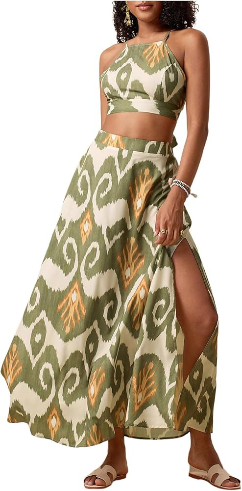 Women's 2 Piece Outfits Tropical Print Beach Outfits Tie Cami Crop Top and Split Maxi Skirt Sets ... | Amazon (US)