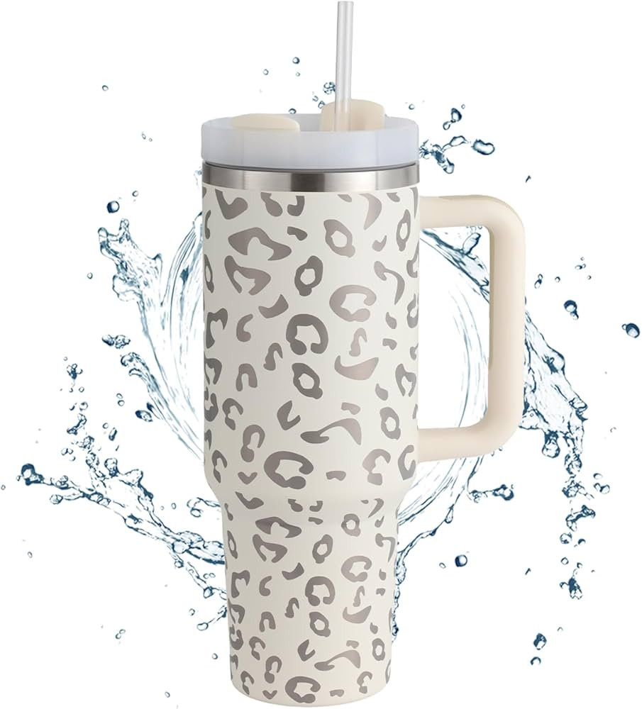 PIMDIR 40 oz Tumbler With Handle And Straw Lid, Leopard Cream White Double Wall Insulated Travel ... | Amazon (US)