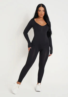 Amelia Black Seamless Long Sleeve Plunge Jumpsuit | Missy Empire (UK)