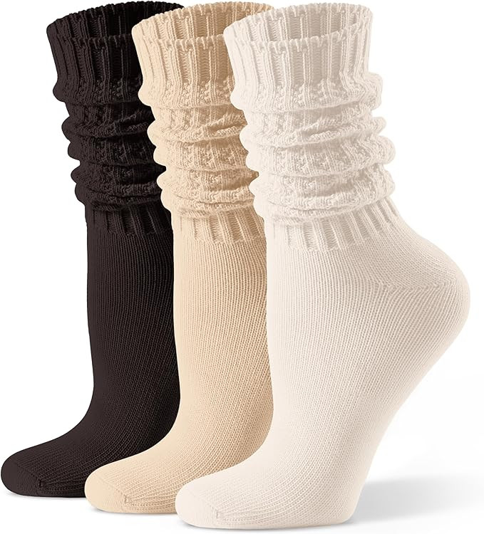 CS CELERSPORT Women's Slouch Crew Socks Scrunch Cozy Cotton Calf Tube Socks 3 Pairs | Amazon (US)