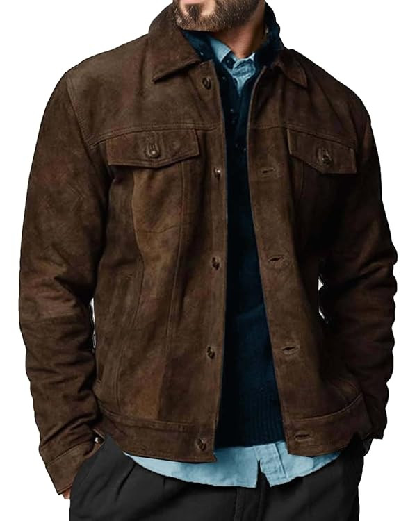 Premium Vintage Trucker Suede Leather Jacket Men Genuine Lambskin Men Leather Jackets Shirt Colla... | Amazon (US)