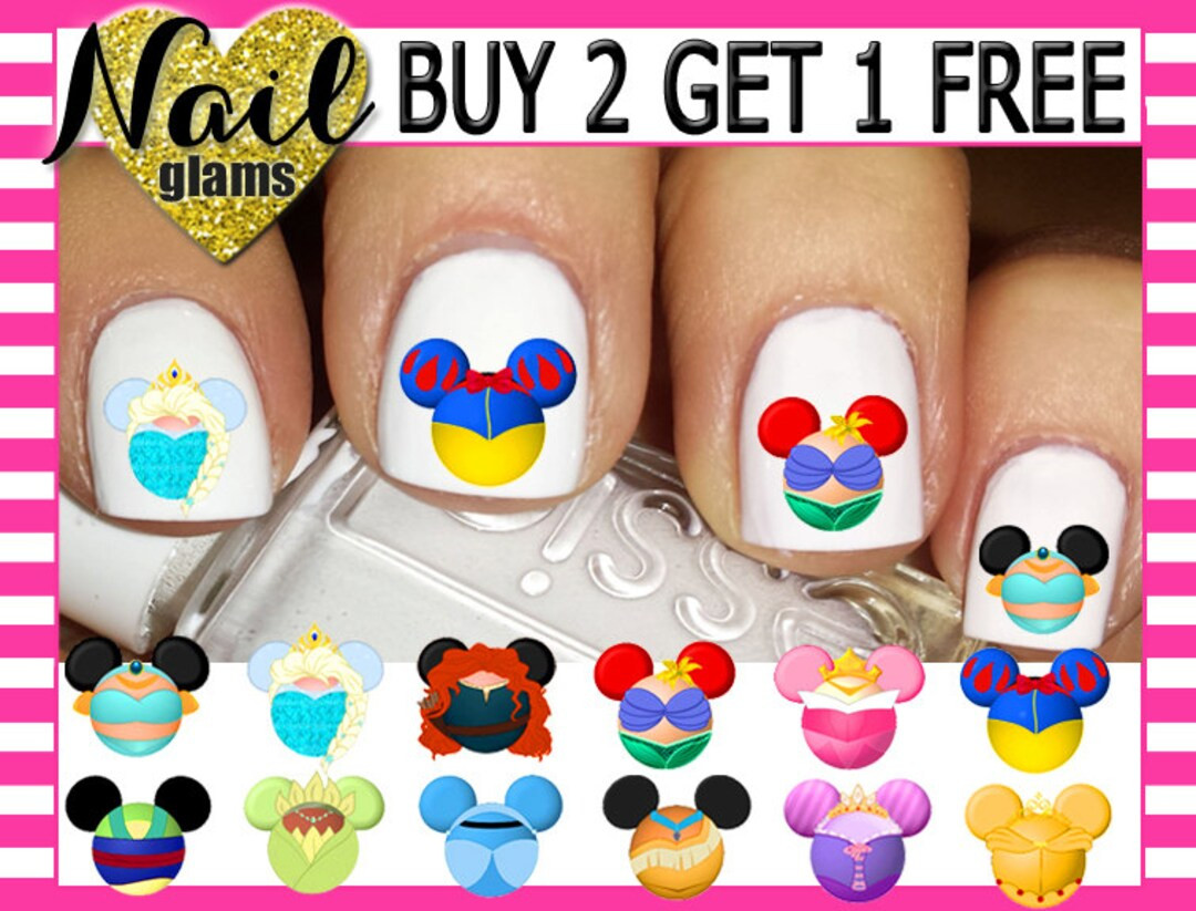 60 Nail Wraps Decals - Mouse PRINCESS - Snow White Elsa Ariel - Mickey Ears - Nail Art Waterslide | Etsy (US)