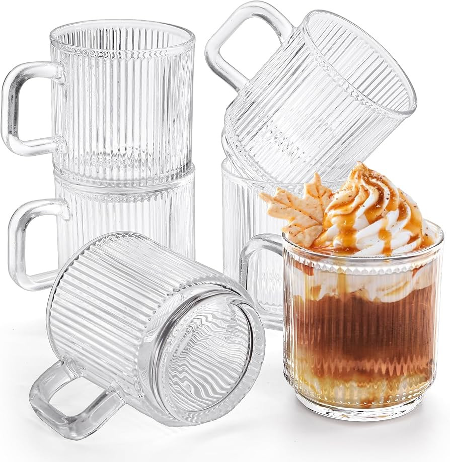 6 Pack Premium Glass Coffee Mugs with Handle, 12 Oz Classic Vertical Stripes Glass Tea Cups, Tran... | Amazon (US)